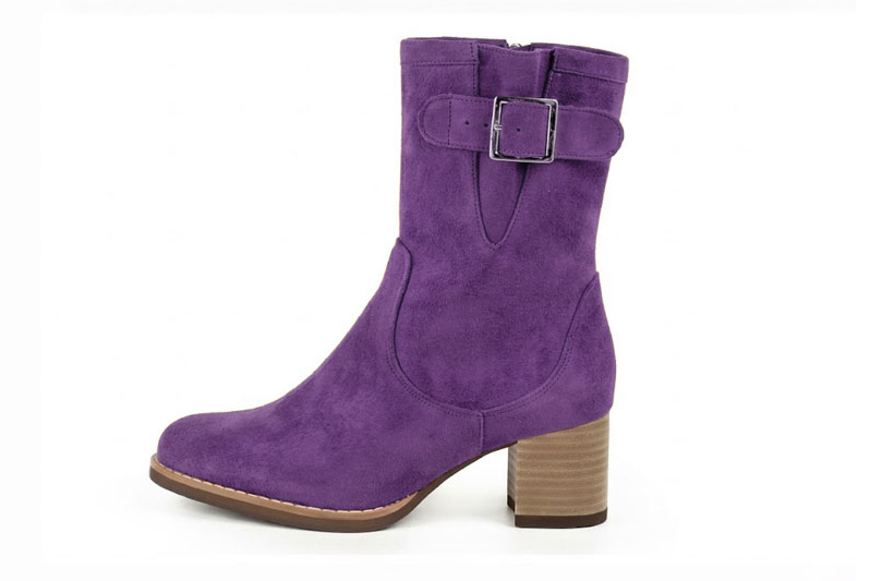 Classic leather ankle boots featuring adjustable side buckles and sleek hardware for secure support and timeless everyday style, in amethyst purple leather with round toe and mid block heel - Florence KOOIJMAN